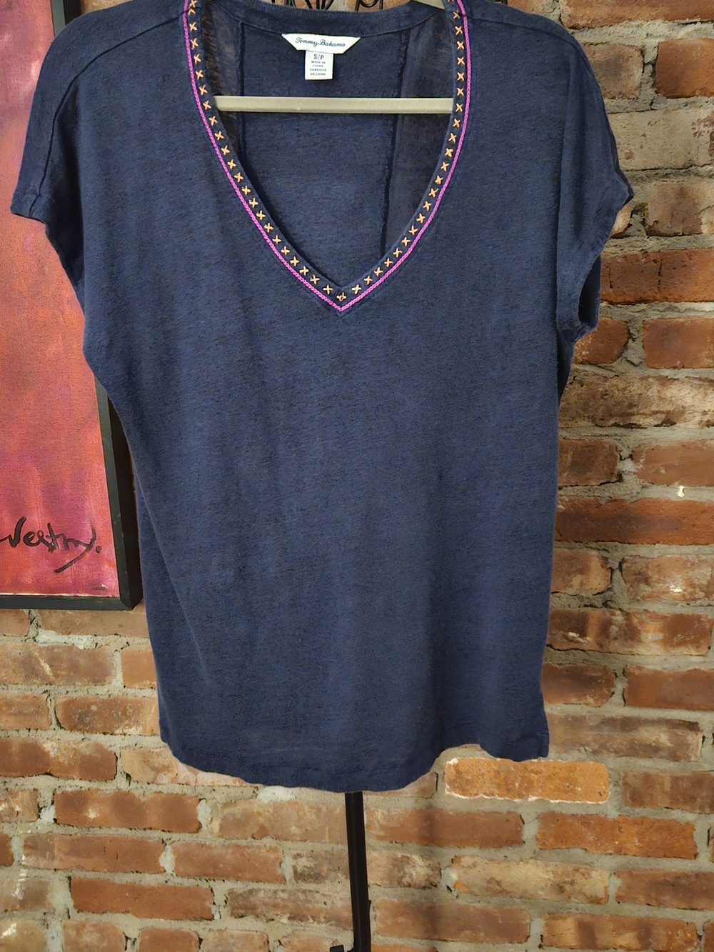 Tommy Bahama Linen Navy V-Neck Embroidered Short Sleeve Top